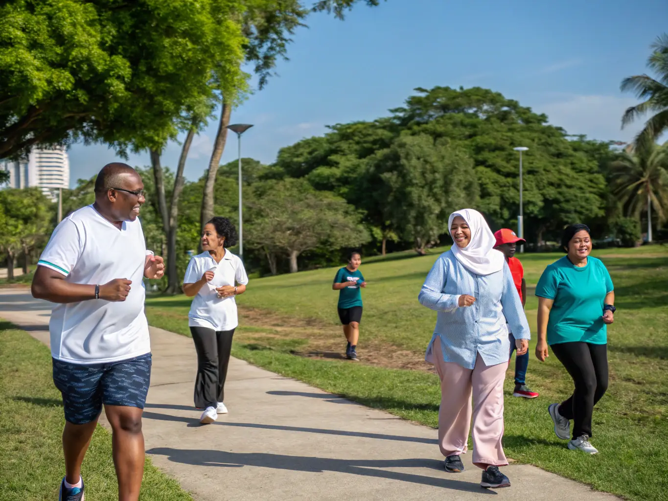 A group of diverse individuals participating in a community fitness event organized by ATTITUDE FITNESS 19 in a local park, showcasing the organization's commitment to accessible fitness.
