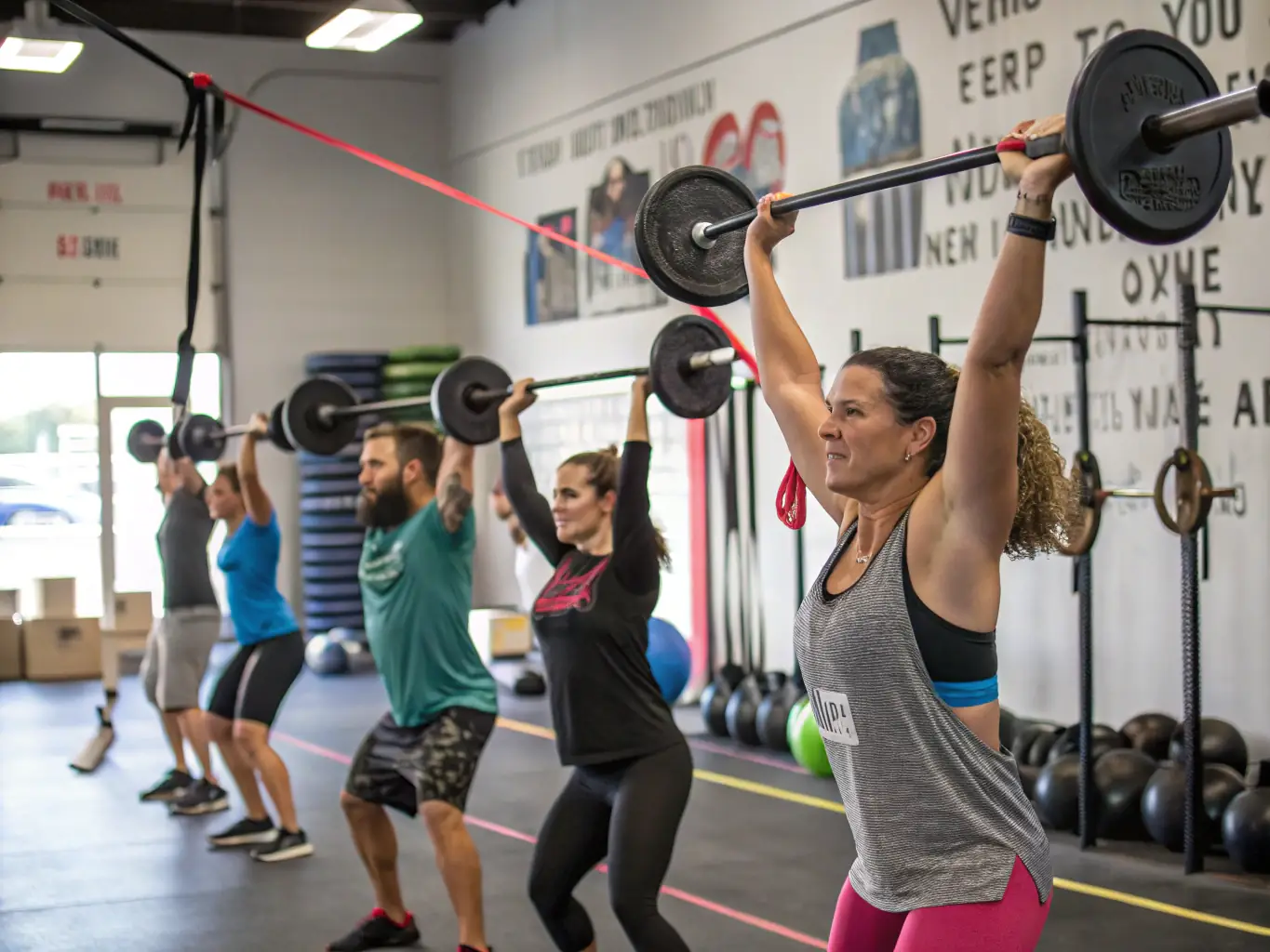 A group of people working out with weights and resistance bands at ATTITUDE FITNESS 19, guided by a personal trainer who is demonstrating proper form and technique.
