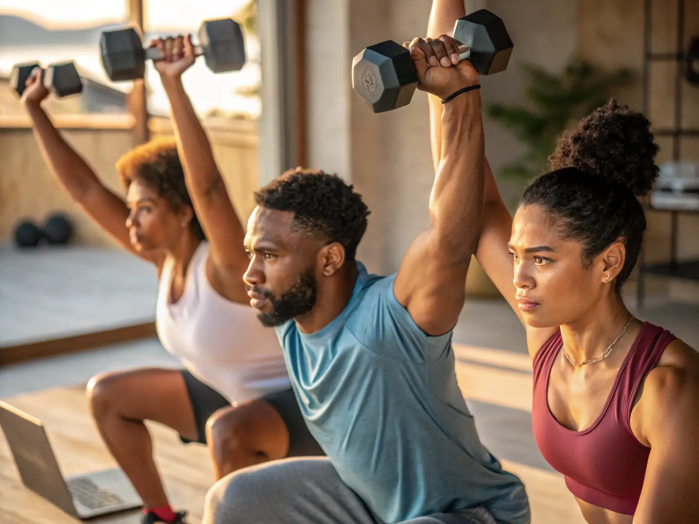 A dynamic weightlifting session at Attitude Fitness 19, showcasing individuals lifting weights under the guidance of a certified trainer, highlighting strength training and muscle building.