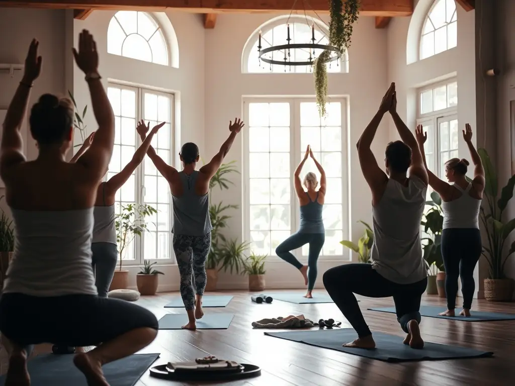 A group of people doing yoga in a bright studio, focusing on their poses with a calm instructor guiding them. The atmosphere is serene and promotes relaxation and mindfulness.