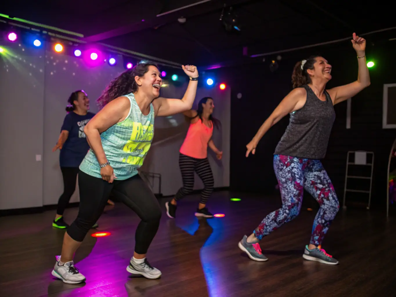 A dynamic image of individuals participating in a high-energy Zumba class, moving to the music with enthusiasm and smiles. The setting is a vibrant studio with colorful lighting.