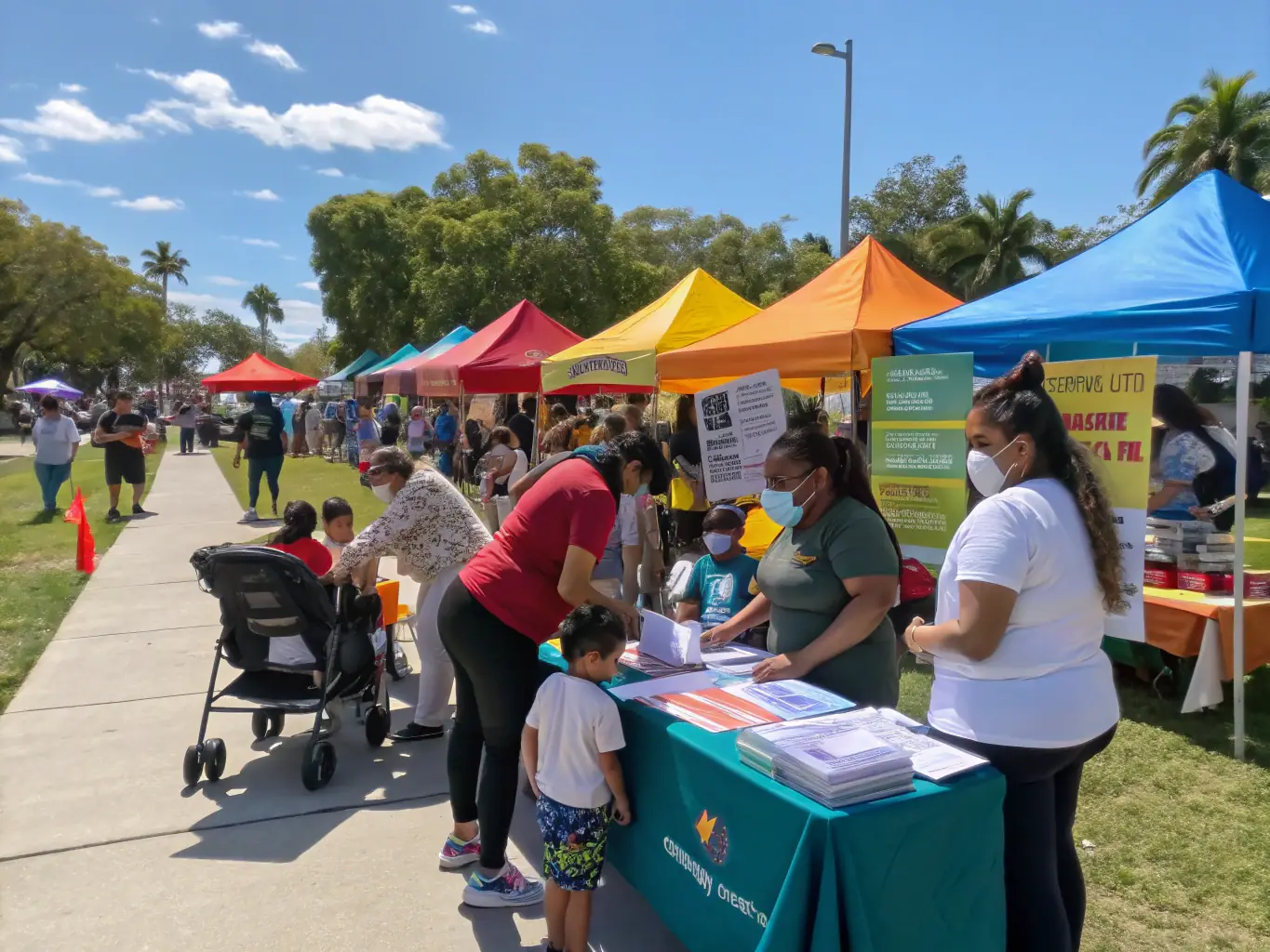 A vibrant scene from a community health fair organized by ATTITUDE FITNESS 19, featuring interactive fitness demonstrations and educational booths promoting healthy lifestyles.