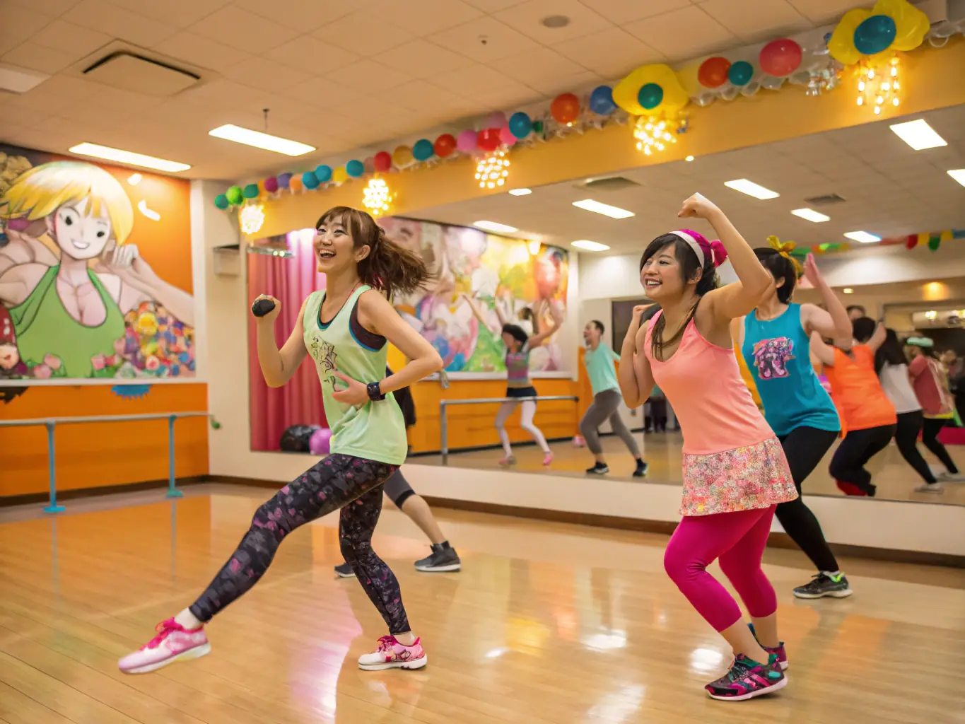 A group of diverse individuals participating in a high-energy Zumba class at Attitude Fitness 19, with a focus on the instructor leading the class and participants enjoying the music and movements.
