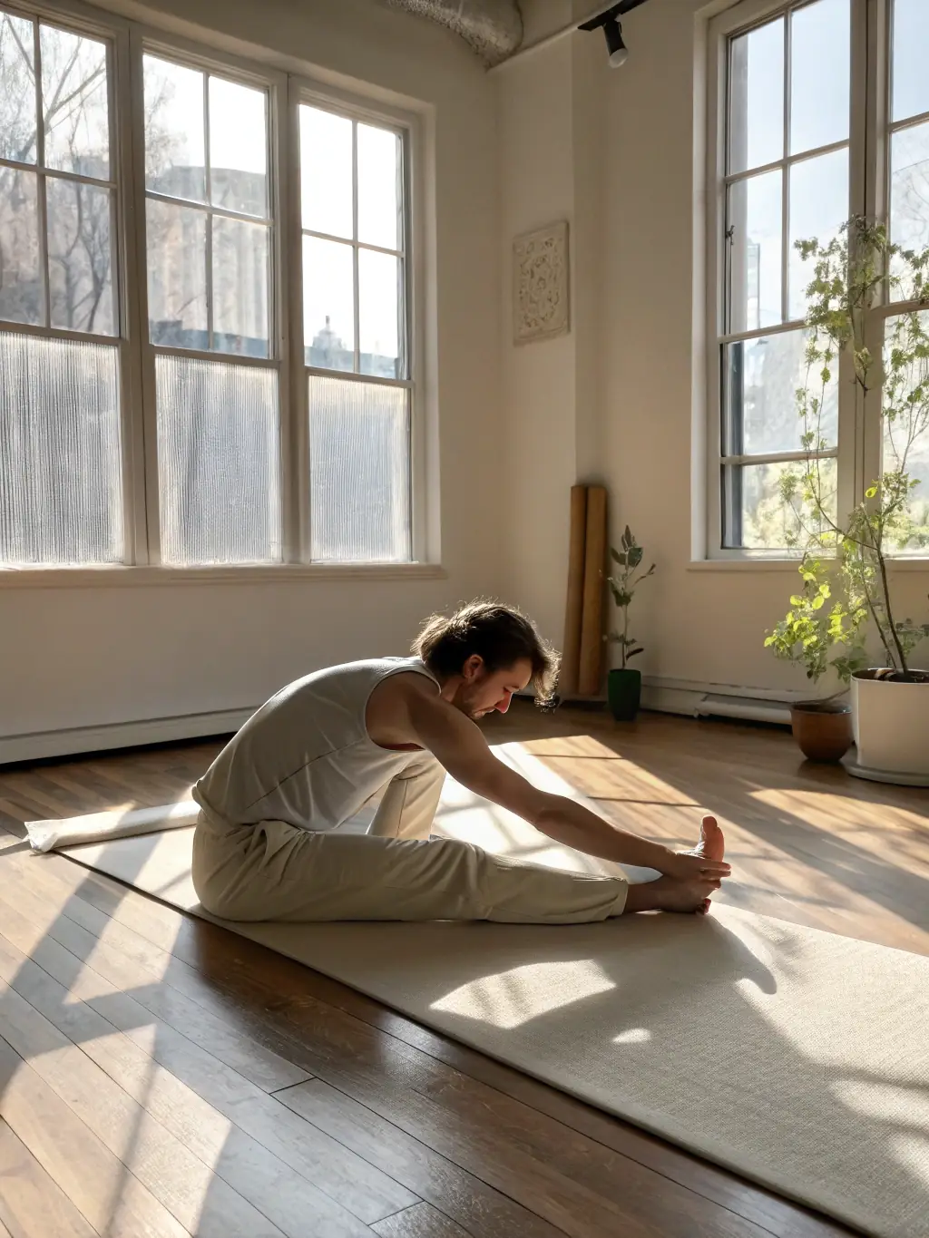 A person focused and disciplined while performing yoga in a serene studio, emphasizing mental and physical balance.
