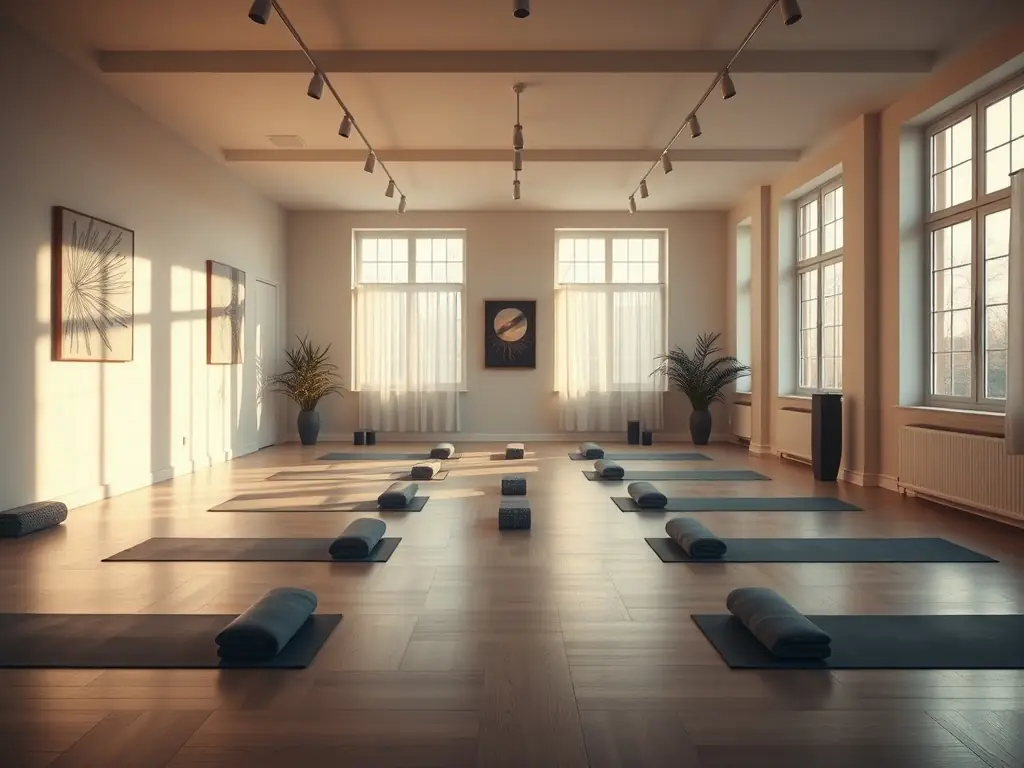 A serene yoga session in a sunlit studio at Attitude Fitness 19, featuring participants in various yoga poses, emphasizing relaxation, flexibility, and mindfulness.