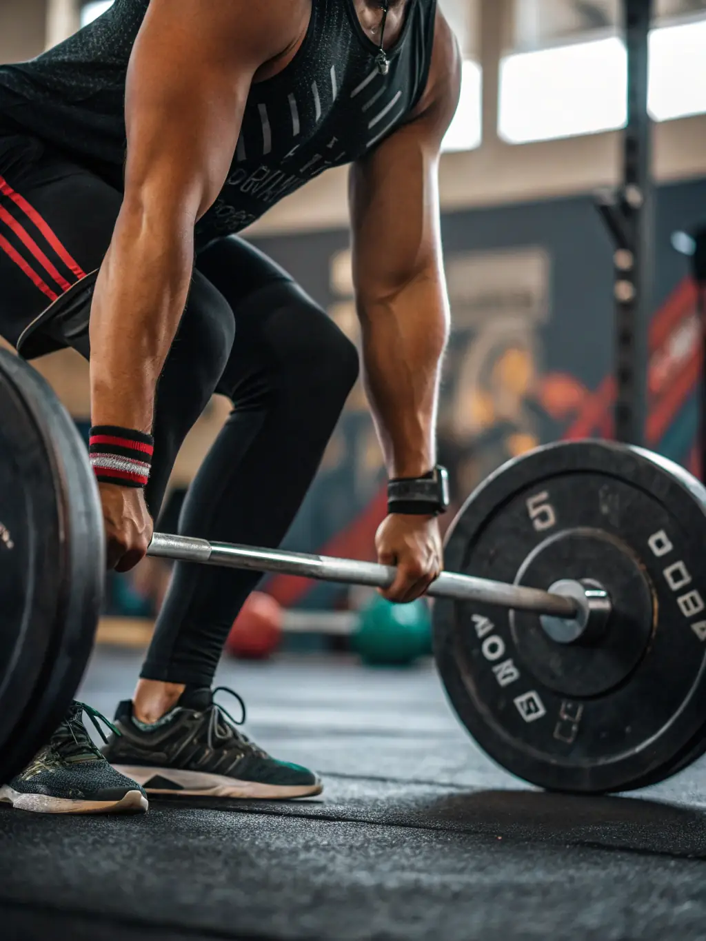 A person smiling while lifting weights in a modern gym setting, showcasing strength and determination.