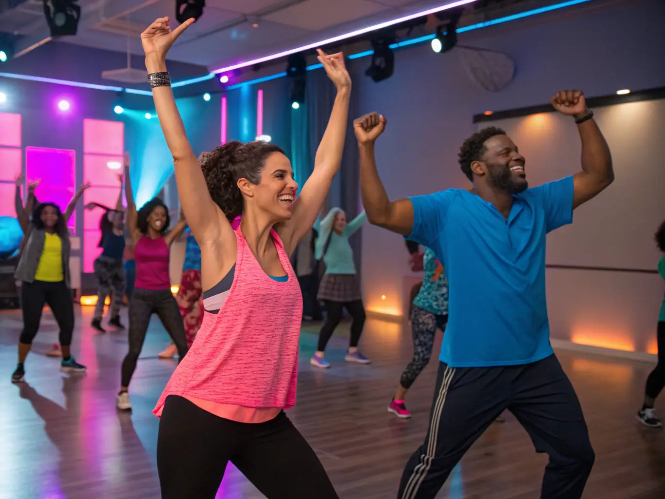 A group of diverse individuals participating in a high-energy Zumba class at ATTITUDE FITNESS 19, with an instructor leading the dance moves and participants smiling and enjoying the workout.