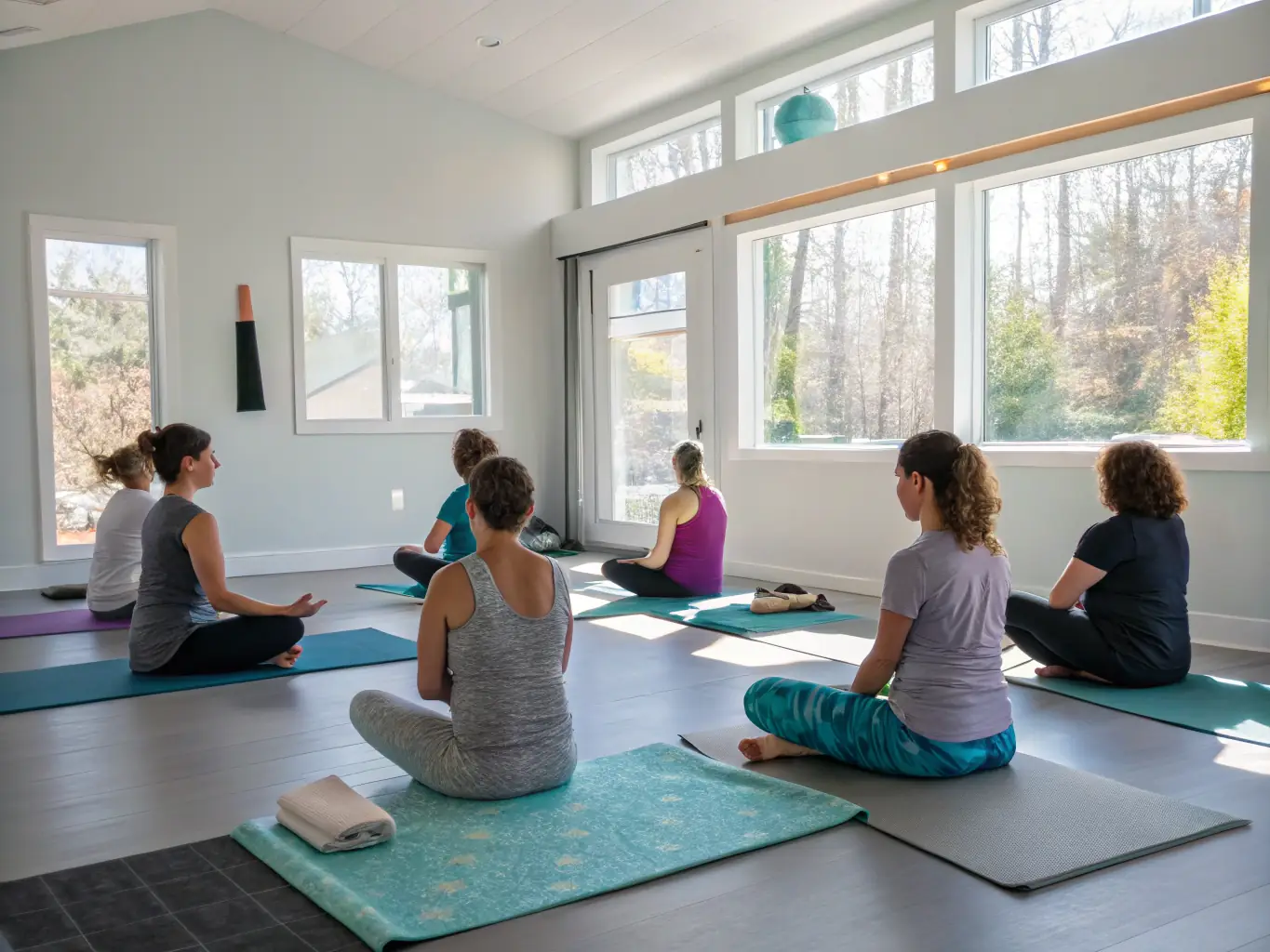 A serene yoga session taking place at ATTITUDE FITNESS 19, with participants in various yoga poses, guided by a calm and experienced instructor in a sunlit studio.