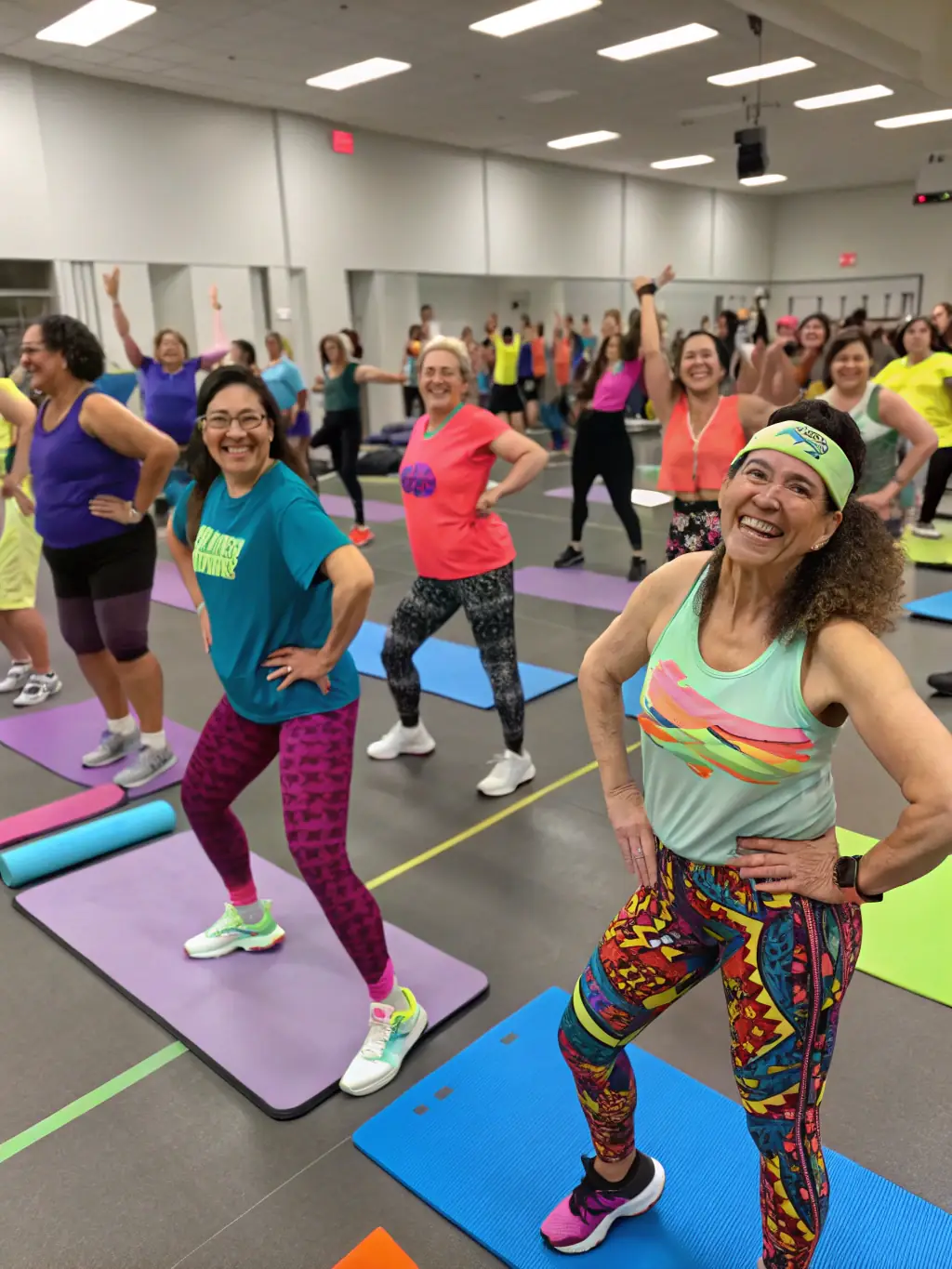A group of people laughing and supporting each other during a group fitness class, highlighting the social aspect of exercise.