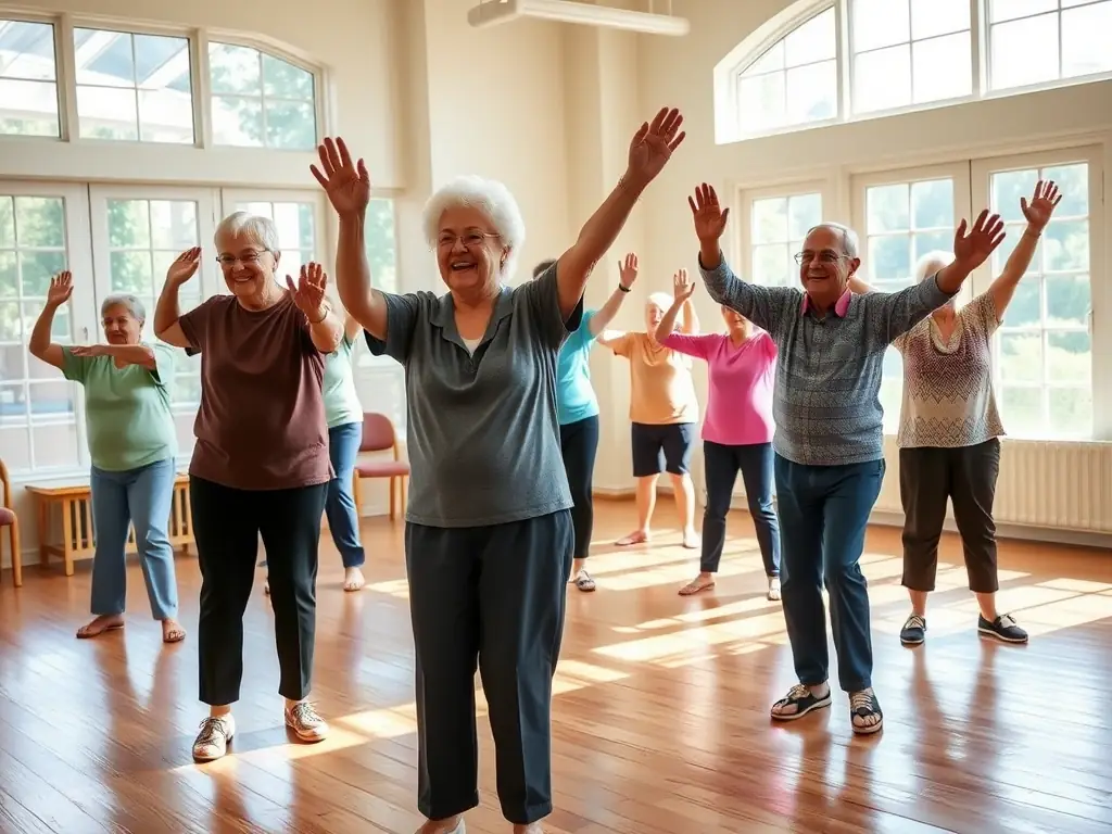Volunteers from ATTITUDE FITNESS 19 assisting elderly residents with gentle exercises at a local community center, highlighting the organization's dedication to senior wellness.